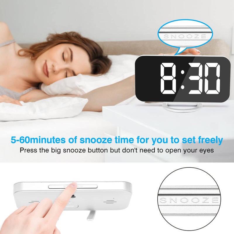Sukeen Digital Alarm Clock,6" Large LED Display with Dual USB Charger Ports | Auto Dimmer Mode | Easy Snooze Function, Modern Mirror Desk Wall Clock for Bedroom Home Office for All People (White) - Image 3